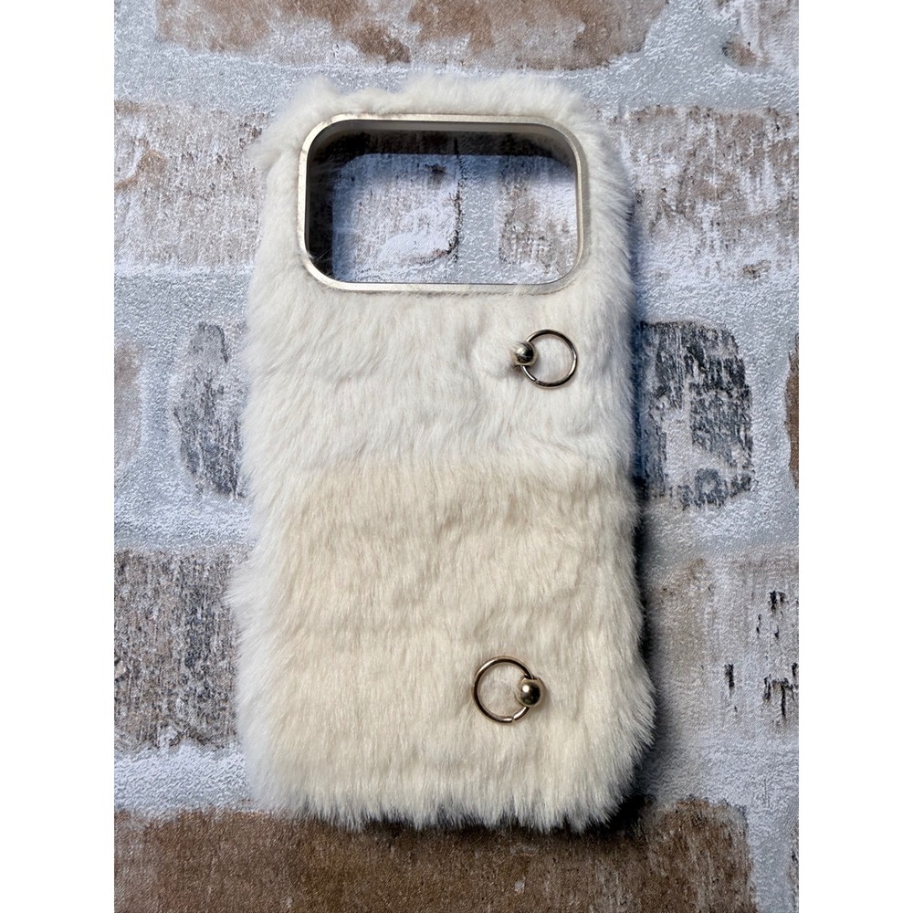 Heyday iPhone 17 Pro Case Faux Fur Cream White Gold Ring Hardware Fuzzy Cover